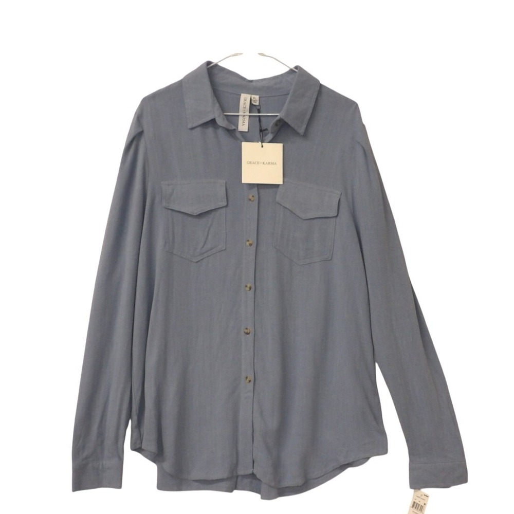 GRACE KARMA Blue Button Up Long Sleeve Shirt Top Size XL